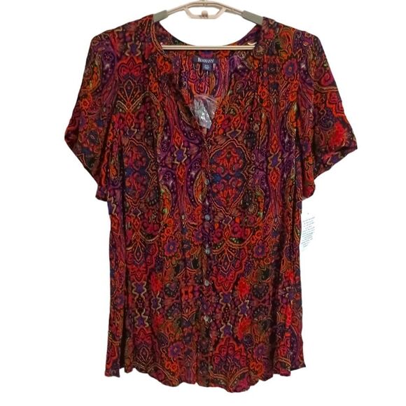 Roamans Floral Paisley Tunic 18W Top Blouse Crinkle Button Bohemian Hippie Flowy - Picture 1 of 16